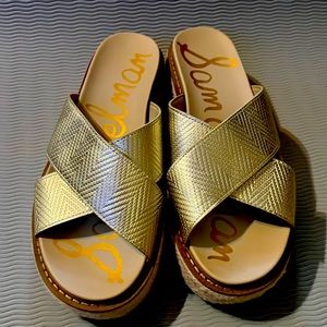 Sam Edelman Gold and Brown Slip on Sandals. Wore Once.Like New.